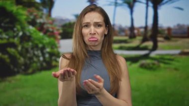 Genç beyaz kadın, güneşli yeşil parkta para dilenen boş avuçlarını uzatıyor; çaresizlik savunması.