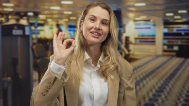 Hareketli bir spor salonunda arka planda spor aletleri olan iyi niyetli bir kadın pozitiflik ve dostluk hissi gösteren bir işaret levhası..