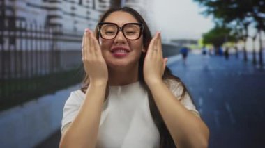 Genç kadın şehir merkezinde sokak geçidinde elleri ile ağzını kapatıyor, arka planda bulanık yayalar; mutluluk.