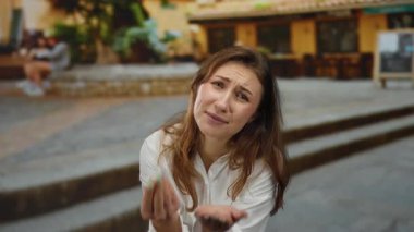 Şehir caddesinde el kol hareketleri yapan, şehir arka planında günlük kıyafetlerle duygularını ifade eden, şehir merkezindeki basamakların yakınındaki samimi anları yakalayan bir kadın..