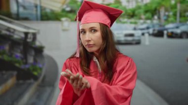Mezuniyet elbisesi giyen genç bir kadın güneşli bir günde şehir sokağında dikiliyor ve unutulmaz bir anı yakalıyor..