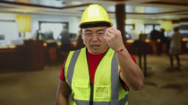 Otel lobisinde inşaat kıyafeti giyen bir adam kapalı alanda yoğun bir ortamda kararlı bir görünüm sergiliyor.