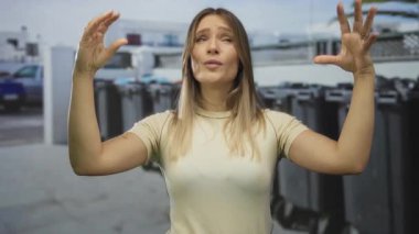 Kadın şaşkınlığını gözler kapalı ve elleri şehir sokağında yüzlerine yakın ve arka planda çöp kutularıyla ifade ediyor..
