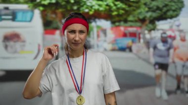 Şehir caddesinde arka planda ağaçlarla dikilen madalyalı kadın; insanlarla kentsel ortam ve açık havada gelişigüzel bir etkinliği gösteren bulanık araçlar.