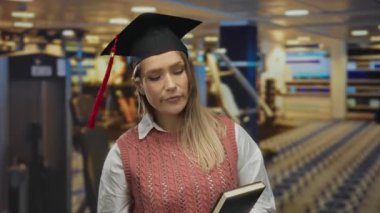 Mezuniyet şapkalı kadın spor salonunda kitap tutuyor, eğitimi fitness ile harmanlıyor, spor merkezinde genç sarışın akademisyeni temsil ediyor..