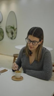 Modern lüks bir restoranda kahvesini yukarda içen bir kadın, gösterişli bir iç mekan ve sakin bir ortam sergilerken, minimalist dekorlu beyaz bir masada oturuyor..