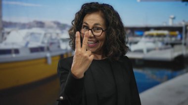 Orta yaşlı İspanyol kadın deniz kenarı limanında parmaklarıyla hashtag jesti yapıyor; sosyal medya bağlantısı.