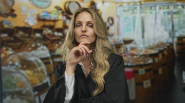 Yargıç üniformalı bir kadın şekerci dükkanında durmuş, arka planda şeker rafları olan bardakları inceliyor ve tutuyordu..