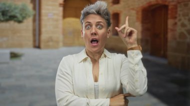 Kadın elinde dinlenen çene ve eski bir kasaba caddesinde diğer kol katlama kısa gri saç yüzünü çerçeveleme; tefekkür.