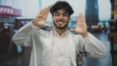 Havaalanında gülümseyen sakallı genç bir adam. Beyaz önlüklü gözlüklü, kahve dükkanının yanında duruyor. Kamu atmosferiyle çevrili neşeli hareketlerle çerçeveler oluşturuyor.