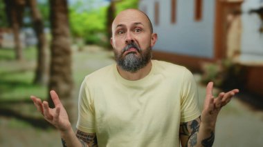 Sakallı bir adam parkta kafa karışıklığı yaratıyor. Ağaçların altında sarı gömlek giyiyor ve kollarında dövmeler var..