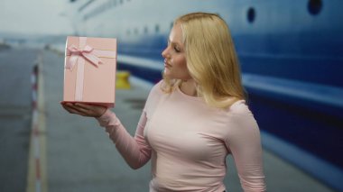 Elinde pembe bir hediye tutan ve güvertede gülümseyen bir kadın, sunduğu sarı saçlar, arka planda gemi, seyahat ve kutlamaları ön plana çıkarıyor..
