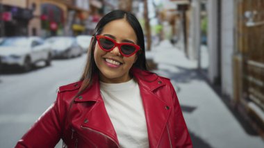 Kırmızı ceketli ve güneş gözlüklü genç Latin kadın, binalar ve arabalarla çevrili kentsel bir sokak ortamında, canlı ve modern bir hava yakalıyor..