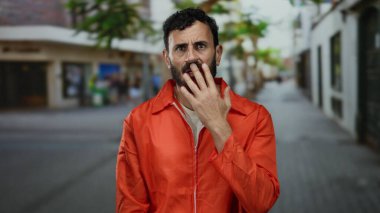 Turuncu hapishane tulumlu, sakallı İspanyol bir adam sokakta dikilirken düşünceli görünüyor, elleri çenesine dokunuyor, bulanık bir şehir zemininin ortasında..