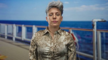 Kısa saçlı bir kadın gemi güvertesinde başını eğerken korkuluklara yaslanıyor..