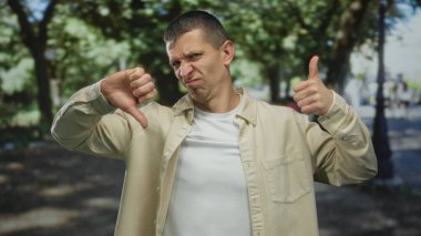 Sunny Park 'ta, arka planda ağaçların ve güneş ışığının filtrelediği pozitif ve negatif karışık duygular gösteren bir adam baş parmak kaldırıyor ve el hareketi yapıyor..