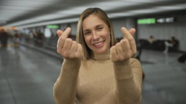 Kadın parmak kalp jesti havaalanı terminali; sevgi sıcaklığı.