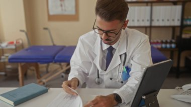 Genç İspanyol doktor iki eliyle tıbbi binada evrak işleriyle uğraşıyor. Stres yorgunluğu yükü var..