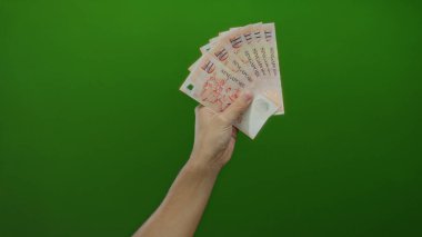 Tek taraflı banknotlar tutan adam yeşil bir duvara karşı izole bir ortamda, para birimi ve ekonomi odaklı finansal konsept sergiliyor..