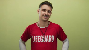 Kırmızı tişörtlü İspanyol cankurtaran, izole edilmiş sarı arka plan duvarına karşı duruyor. Gençlik enerjisi ve hazırlık hissi yayıyor..