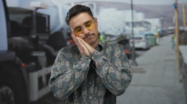 Şehir caddesinde uyku jesti yapan genç İspanyol adam güneşli şehir ortamında güneş gözlüğü ve desenli gömlek giyiyor. Park edilmiş arabaları ve endüstriyel geçmişi var..
