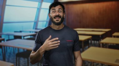 Göğsüne dokunarak şükranlarını ifade eden sakallı İspanyol bir adam, arka planda masalarla bir okul odasında duruyor..