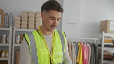 Yansıtıcı yelek giyen genç adam, yiyecek paketleriyle çevrili bir hayır kurumunun bağış merkezinde bize dolar dağıtıyor. Gönüllü olma ve yardım çabaları sergiliyor..