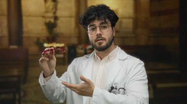 Beyaz önlüklü, sakallı, gözlüklü genç bir adam kilisenin içinde kırmızı gözlük tutuyor. Modern ve kutsal sembolizmi sakin bir ortam ortamında harmanlıyor..