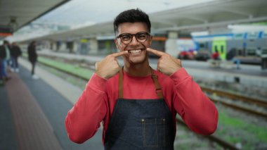 İspanyol bir adam tren istasyonunda kırmızı gömlek ve gözlük takarak gülümsüyor, dişlerini gösteriyor, açık hava treninde neşeli ve davetkar bir atmosfer yaratıyor..