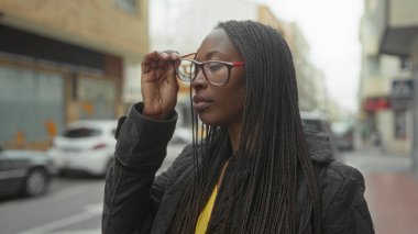 Örgü ören kadın şehir sokaklarında gözlük takıyor. Meşgul şehir hayatının ortasında afro amerikan güzelliği ve modası sergiliyor..