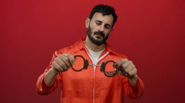 Hapishane tulumlu, parlak kırmızı bir arka plana kelepçeli İspanyol sakallı bir adam yansıtıcı ve ciddi bir atmosferi canlandırıyor..