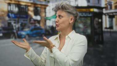 Yoğun şehir caddesinde kısa saçlı, beyaz gömlekli, avuçlarını açık gösteren, bulanık mavi arabalı bir kadın..