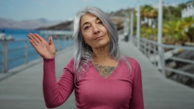 Gri saçlı, pembe gömlekli, deniz kenarında gezinen açık gökyüzü altında kumsal ve okyanus manzaralı bir kadın..