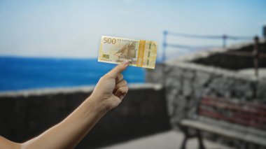 Norveçli kronu mavi su ve gökyüzü arkaplan manzaralı deniz kıyısında el ele tutuşmuş bir adam tarafından kumsalda yapılan mali faaliyetleri gösteriyor..