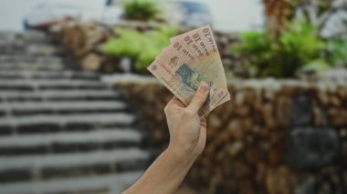 Elinde Romen lei banknotları tutan bir adam, şehir sokaklarında para ve finansman sergiliyor..