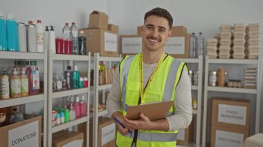 Yansıtıcı yelek giyen genç bir adam, bir hayır kurumunda bağış organize ediyor, erzak raflarının arasında gönüllü olarak oynadığı rolü vurguluyor..