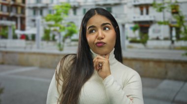 Çevresi yeşillik ve apartmanlarla çevrili canlı bir şehir sokağında, açık havada düşünen genç bir kadın, şık bir ortamda tefekkür ve zarafet içinde..
