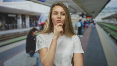 Genç bir kadın, yoğun bir açık hava tren istasyonunda, insanlar tren istasyonunda beklerken düşünceli bir ifadeyle dalgın dalgın duruyor..