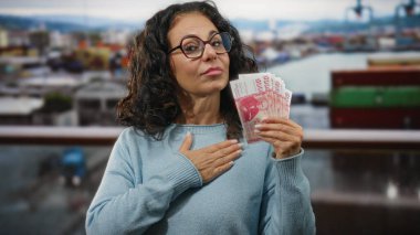 Orta yaşlı bir kadın, limanın yakınında bir tekne ve su zeminiyle İzlanda Krona banknotları tutuyor..