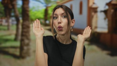 Genç İspanyol kadın iki elini kaldırdı ve güneşli yeşil bir parkta inşa edilerek gözlerini kapadı..