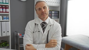 Klinikte steteskoplu beyaz önlüklü bir doktor profesyonel bir sağlık hizmetinin ortasında kameraya güvenle bakıyor..