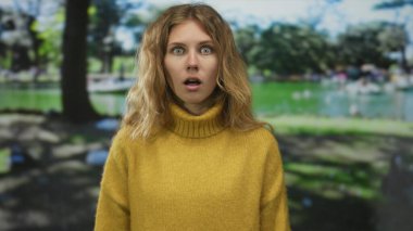 Şok olmuş kadın parkı hem sarışın hem de açık hava süveteri içinde genç ve geniş gözlü görünmeyi başarıyor..