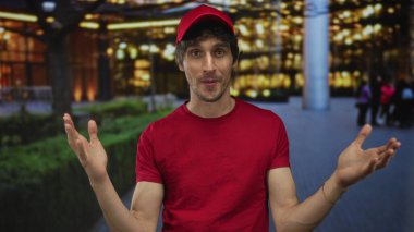 Kırmızı şapkalı ve kırmızı tişörtlü adam işlek şehir caddesinde parlak ışıklarla dolu avuçlarını açık tutuyor; sıcak karşılama.