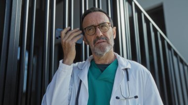 İspanyol erkek doktor, şehir ortamında, hastane dışında yoğun bir gün geçirdiği ve sağlık üniformasıyla düşünceli gözüktüğü bir mesajı dinliyor..