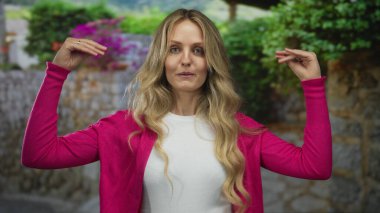 Kadın elleri açık havada genç sarışının etkileyici bir dedikoduya katıldığını gösteriyor..