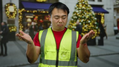Yansıtıcı yelek giyen bir adam festival süslemeleri ile caddelerde omuz silkiyor, şehir merkezinde gündüz kafa karışıklığını ifade ediyor..