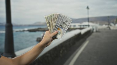Deniz kenarında Amerikan dolarlarını elinde tutan adam, arka planda bulanık okyanus bulunan paralar sergiliyor, seyahat, zenginlik ve kıyı düzenlemelerini vurguluyor..