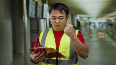 Güvenlik yeleği giyen adam kapalı bir havaalanı terminalinde belirleyici bir yumruk hareketi yaparken pano tutuyor. Arka planı bulanık, odaklanma ve kararlılığı iletiyor..