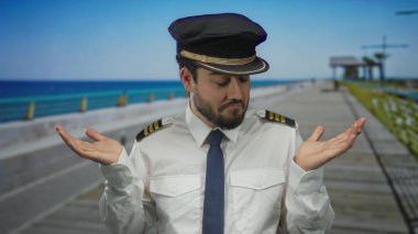 Üniformalı ve sakallı genç adam deniz kenarında bir gezinti güvertesinde okyanus zeminine bakıyor. Deniz teması ya da seyahat konseptini çağrıştırıyor..