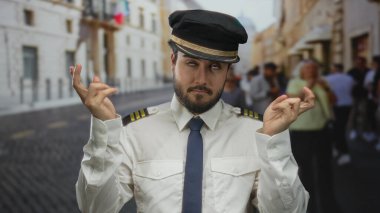 Pilot üniformalı genç adam İtalya 'nın işlek bir caddesinde, kapalı parmaklar ve kapalı gözlerle komik bir ifade sergiliyor.